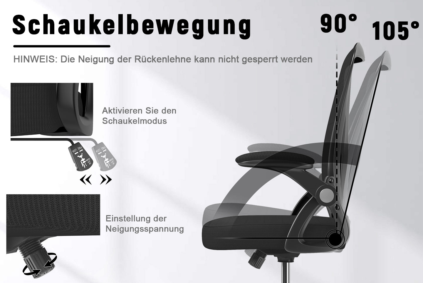 Bürostuhl Ergonomischer Schreibtischstuhl mit 90° Hochklappbarer Armlehne, Höhenverstellbarer Bürostuhl