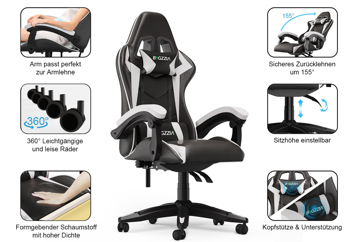 Bigzzia Gaming Stuhl Ergonomisch - Gamer Stühle mit Lendenkissen +  Kopfstütze Gaming Chair Höhenverstellbar Bürostuhl Computerstuhl für