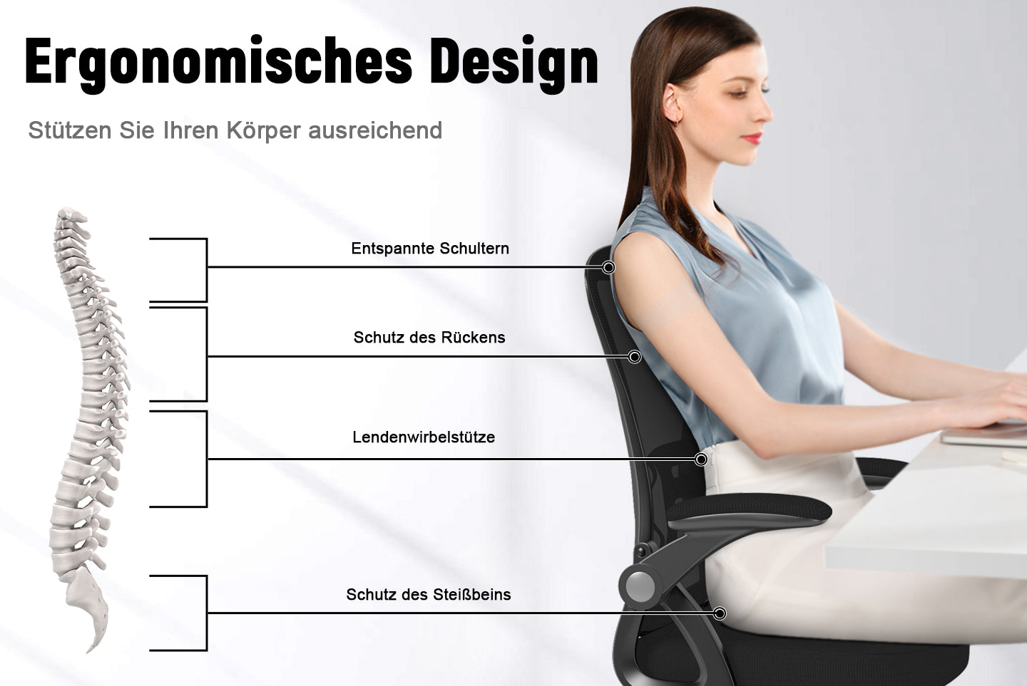 Bürostuhl Ergonomischer Schreibtischstuhl mit 90° Hochklappbarer Armlehne, Höhenverstellbarer Bürostuhl