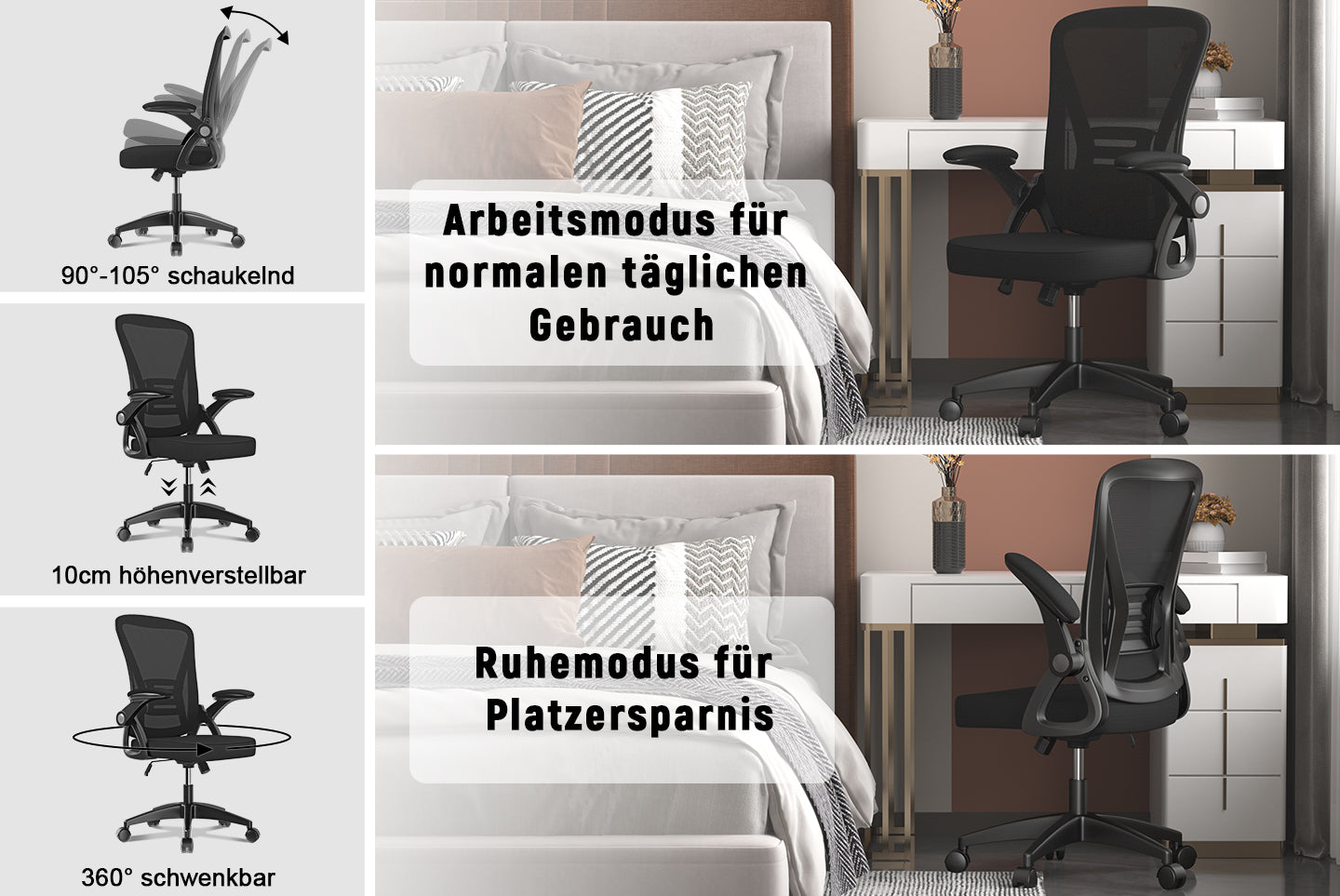 Bürostuhl Ergonomischer Schreibtischstuhl mit 90° Hochklappbarer Armlehne, Höhenverstellbarer Bürostuhl