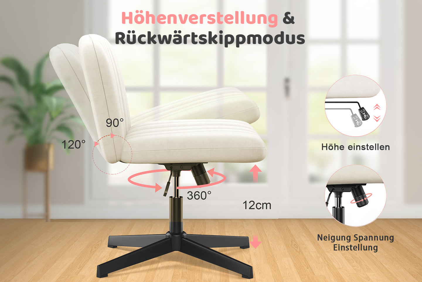 Ergonomischer Bürostuhl mit Gekreuzten Beinen Armloser Breiter Schreibtischstuhl mit Mittlerer Rückenlehne für Heim Schlafzimmer und Büro