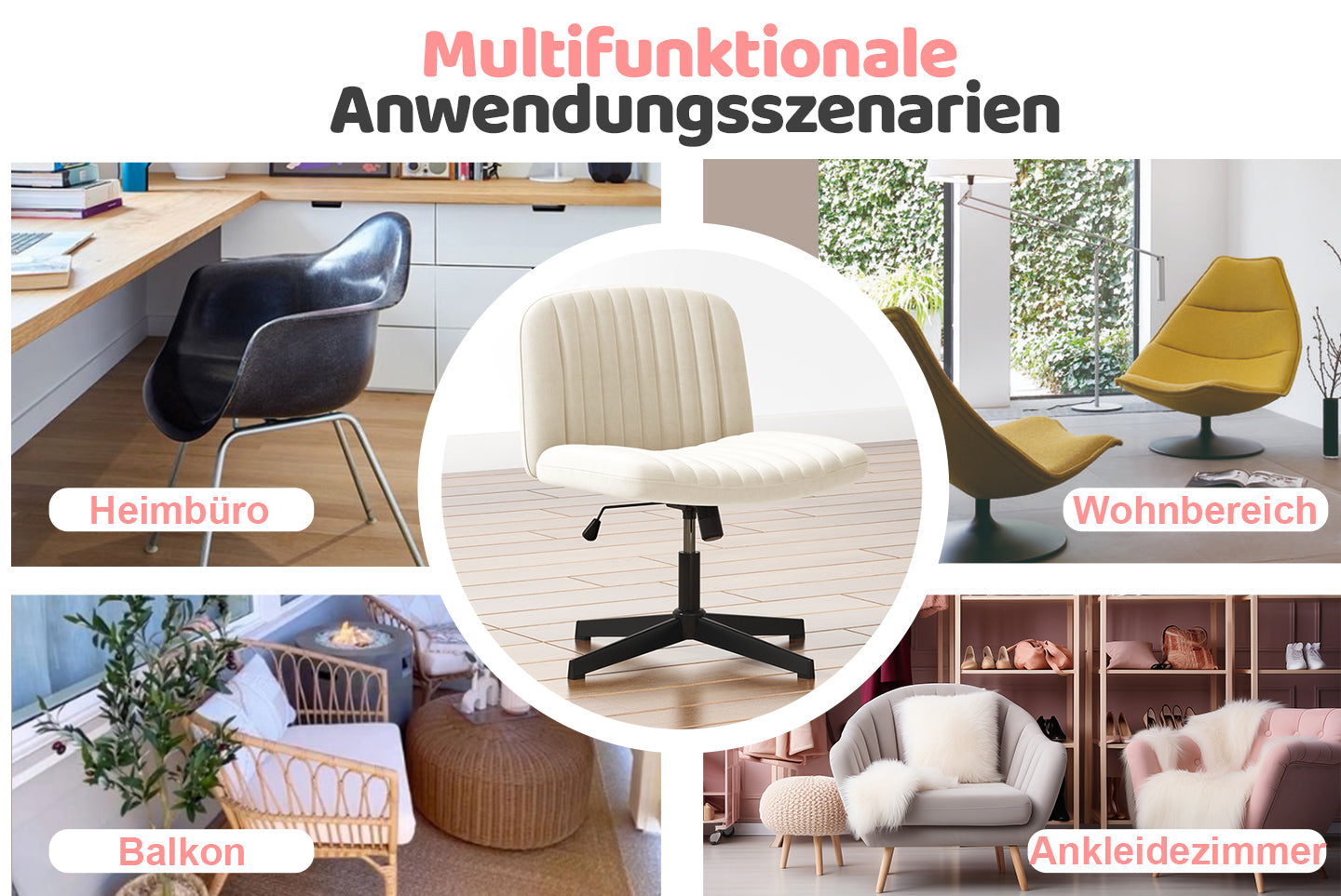Ergonomischer Bürostuhl mit Gekreuzten Beinen Armloser Breiter Schreibtischstuhl mit Mittlerer Rückenlehne für Heim Schlafzimmer und Büro