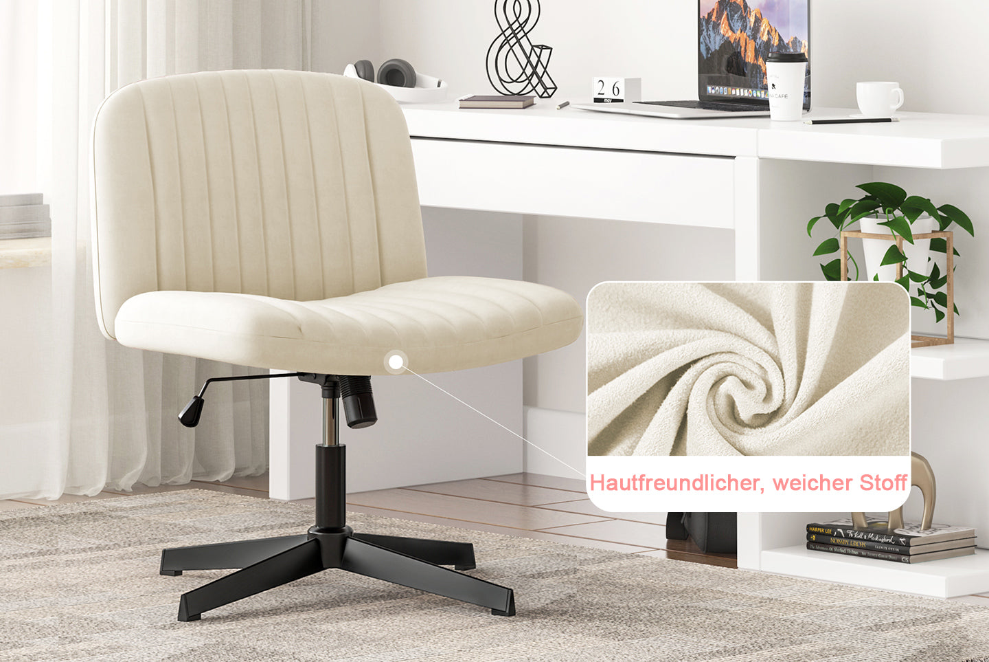 Ergonomischer Bürostuhl mit Gekreuzten Beinen Armloser Breiter Schreibtischstuhl mit Mittlerer Rückenlehne für Heim Schlafzimmer und Büro