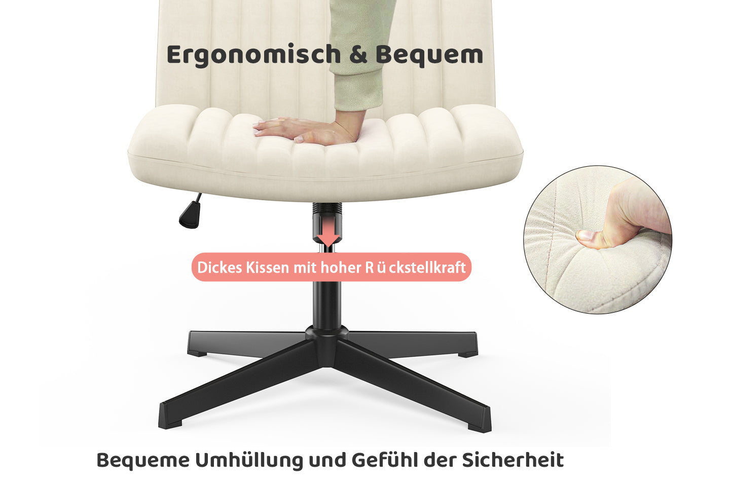 Ergonomischer Bürostuhl mit Gekreuzten Beinen Armloser Breiter Schreibtischstuhl mit Mittlerer Rückenlehne für Heim Schlafzimmer und Büro