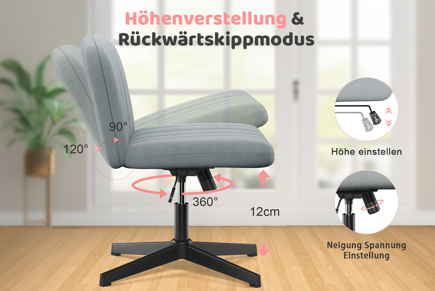 Ergonomischer Bürostuhl mit Gekreuzten Beinen Armloser Breiter Schreibtischstuhl mit Mittlerer Rückenlehne für Heim Schlafzimmer und Büro