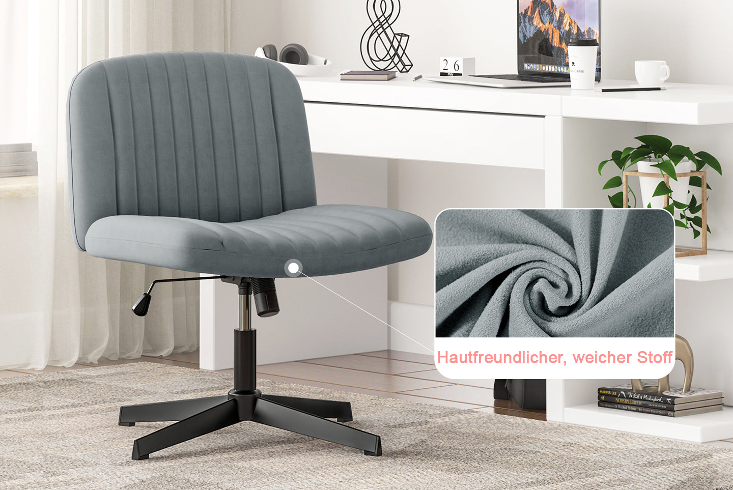 Ergonomischer Bürostuhl mit Gekreuzten Beinen Armloser Breiter Schreibtischstuhl mit Mittlerer Rückenlehne für Heim Schlafzimmer und Büro