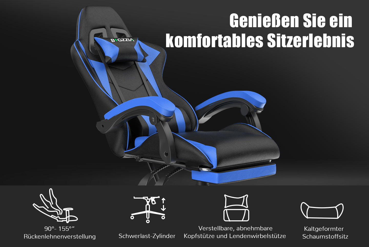 Ergonomischer Gaming Stuhl 155° Reclining Drehstuhl mit Kopfstütze, Lendenwirbelstütze PU Leder Bürostuhl