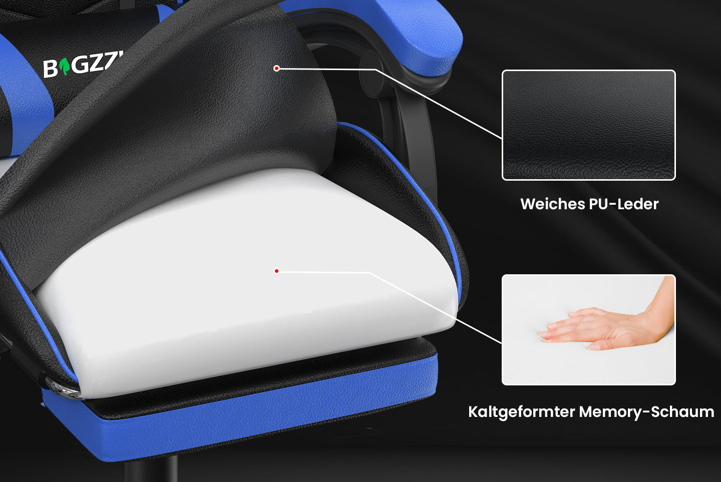 Ergonomischer Gaming Stuhl 155° Reclining Drehstuhl mit Kopfstütze, Lendenwirbelstütze PU Leder Bürostuhl