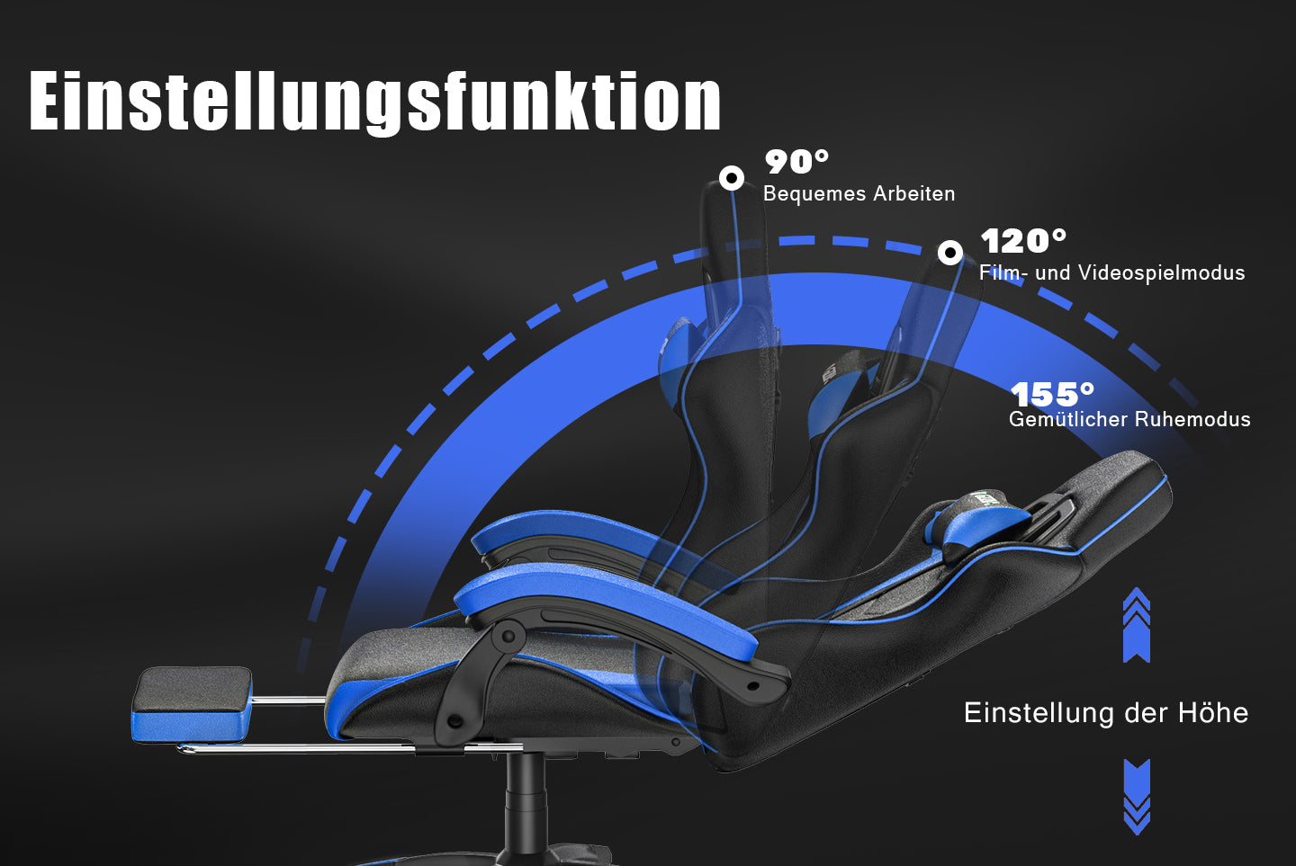 Ergonomischer Gaming Stuhl 155° Reclining Drehstuhl mit Kopfstütze, Lendenwirbelstütze PU Leder Bürostuhl