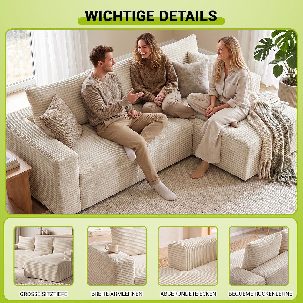 L-Förmiges Modulares Cord-Sektionalsofa Ohne Gestell Mit Chaiselongue, Keine Montage Erforderlich