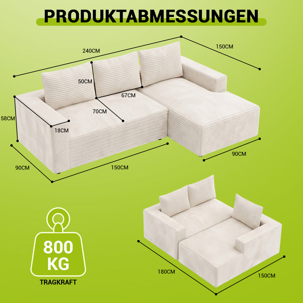 L-Förmiges Modulares Cord-Sektionalsofa Ohne Gestell Mit Chaiselongue, Keine Montage Erforderlich