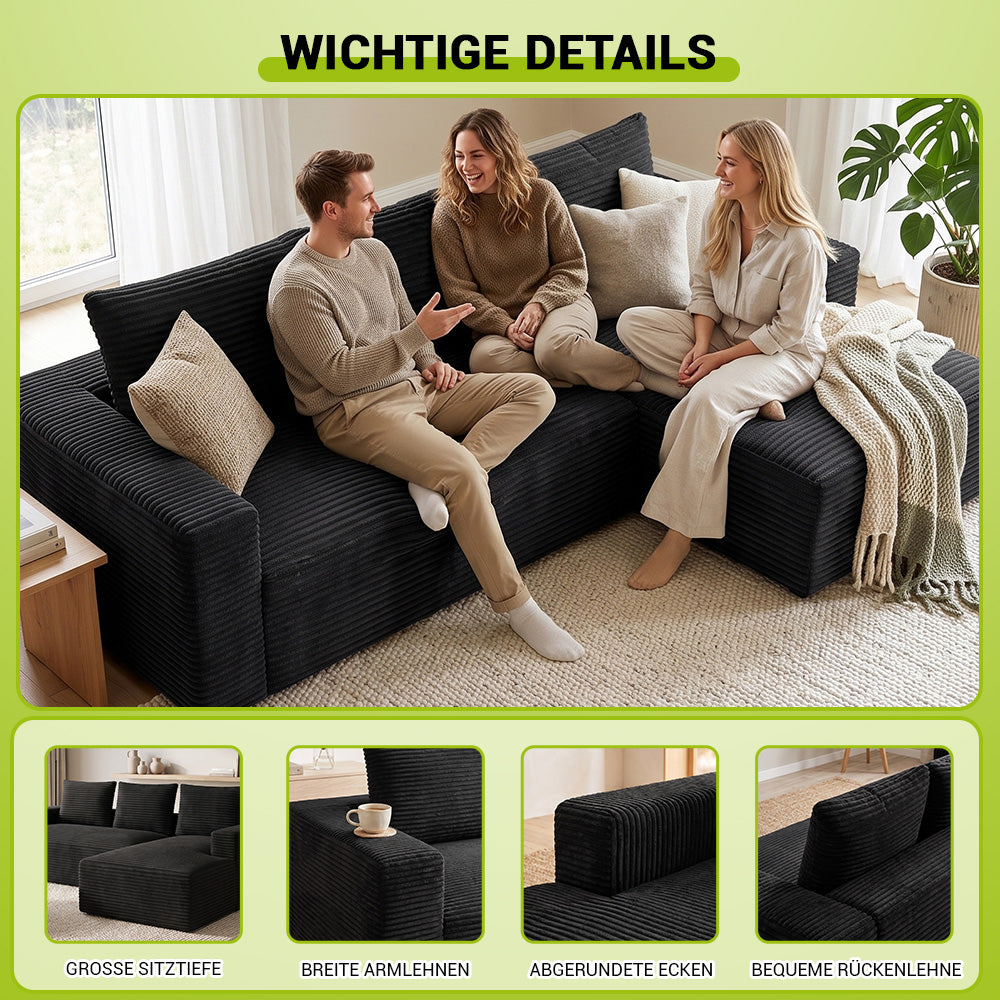 L-Förmiges Modulares Cord-Sektionalsofa Ohne Gestell Mit Chaiselongue, Keine Montage Erforderlich