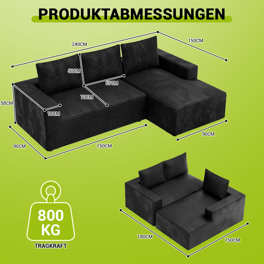 L-Förmiges Modulares Cord-Sektionalsofa Ohne Gestell Mit Chaiselongue, Keine Montage Erforderlich