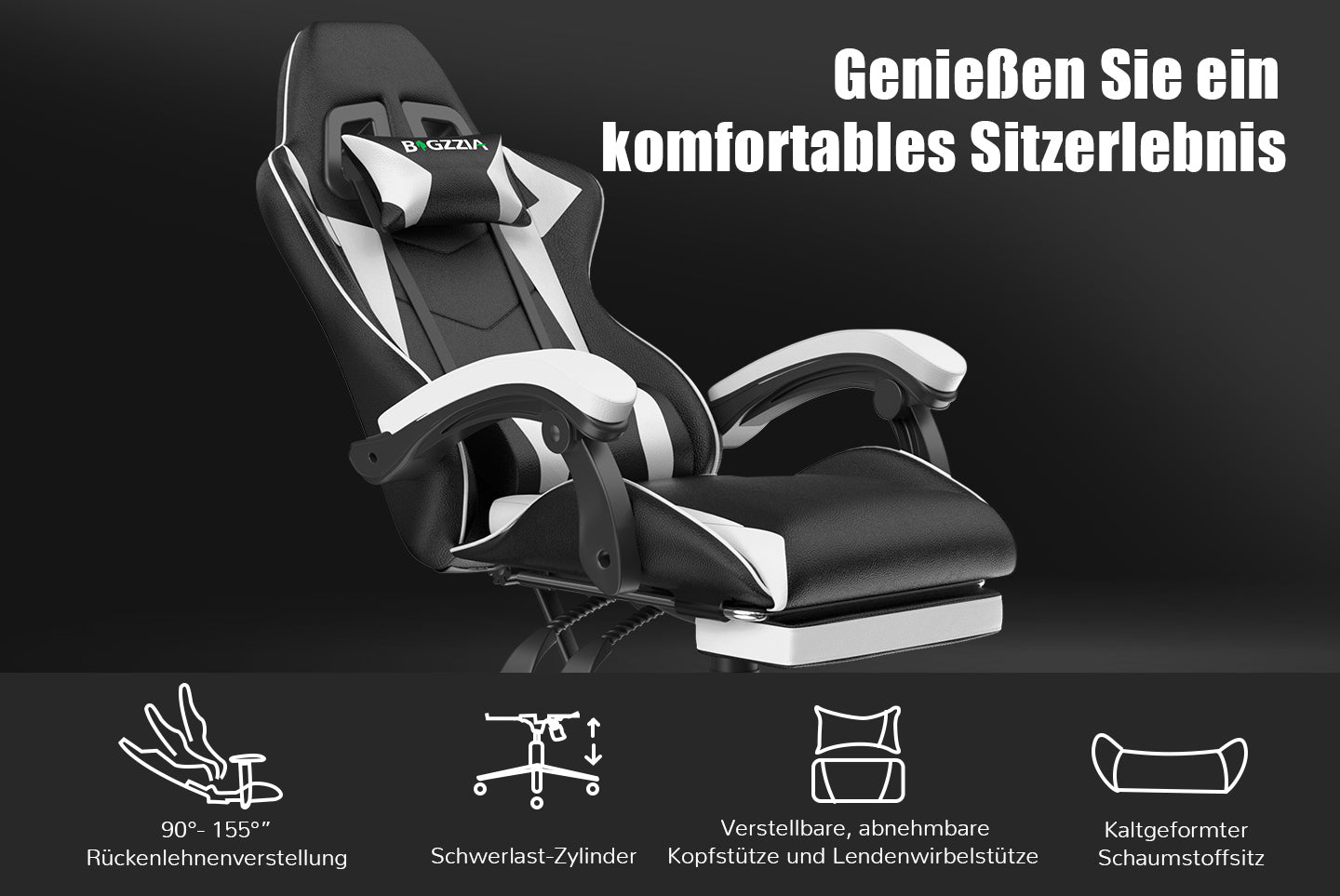Ergonomischer Gaming Stuhl 155° Reclining Drehstuhl mit Kopfstütze, Lendenwirbelstütze PU Leder Bürostuhl