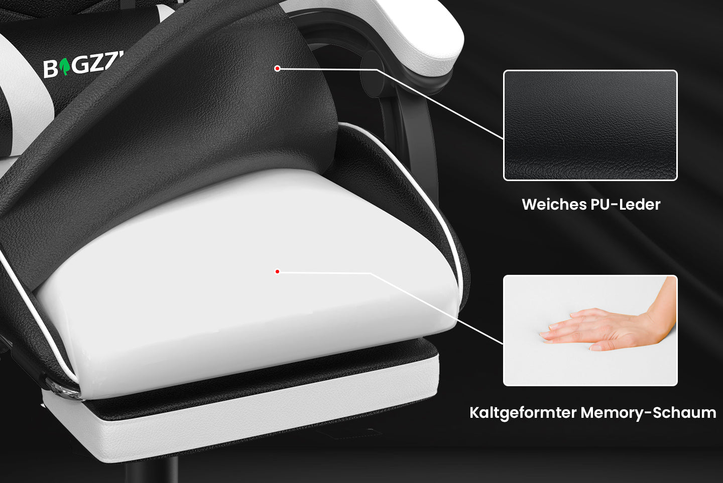 Ergonomischer Gaming Stuhl 155° Reclining Drehstuhl mit Kopfstütze, Lendenwirbelstütze PU Leder Bürostuhl