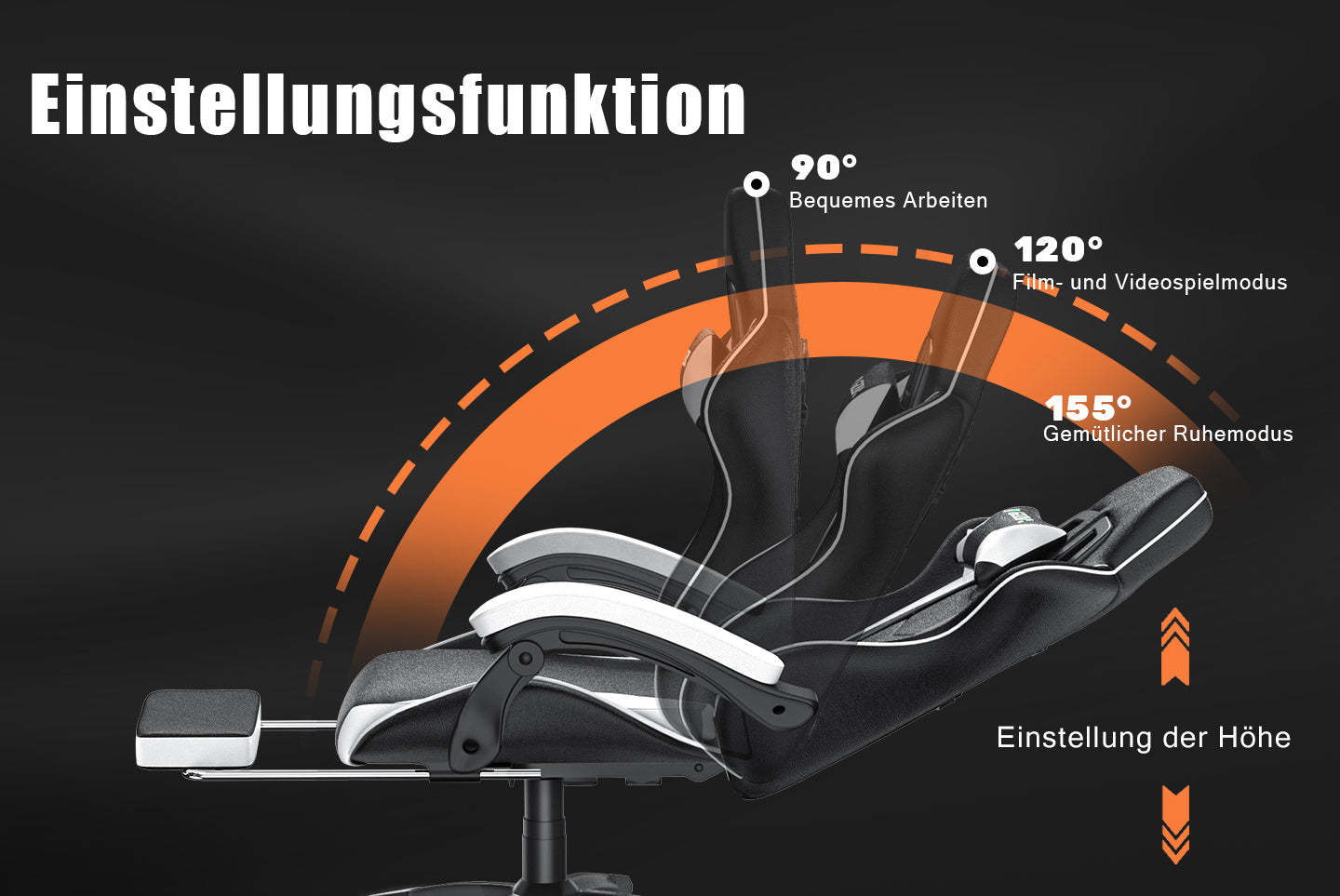 Ergonomischer Gaming Stuhl 155° Reclining Drehstuhl mit Kopfstütze, Lendenwirbelstütze PU Leder Bürostuhl