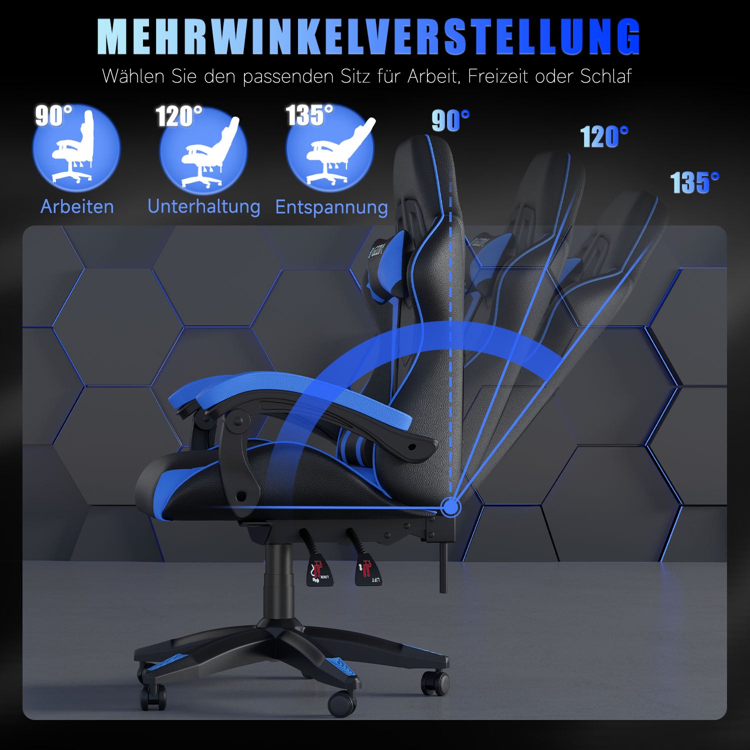 Bürostuhl Gaming Stuhl Sessel Ergonomischer Gamer Stuhl, Bürostuhl mit Kopfstütze und Lendenkissen