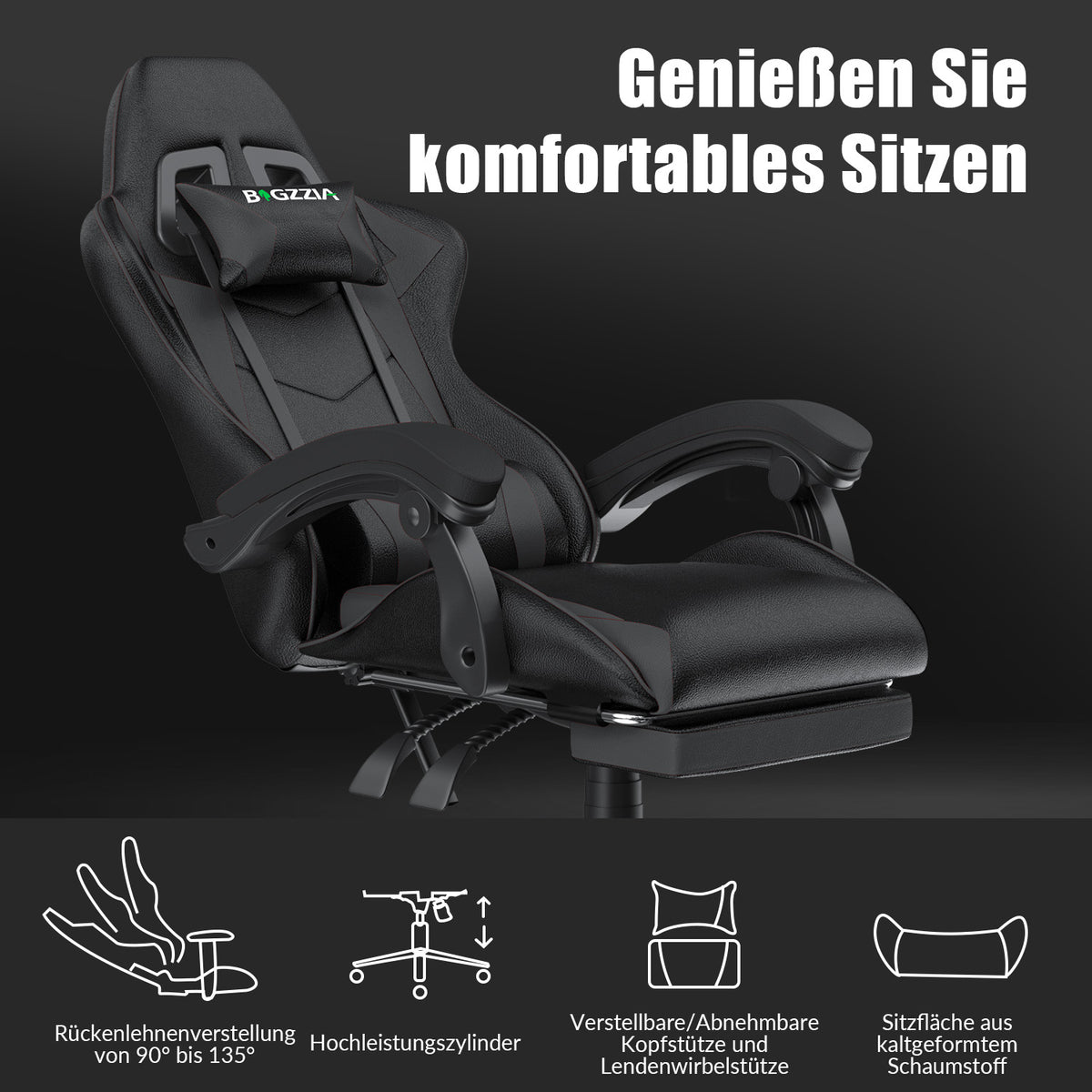 Ergonomischer Gaming-Stuhl, 135° Verstellbarer Drehstuhl mit Kopfstütze, Fußstütze und Lendenwirbelstütze, Bürostuhl aus PU-Leder