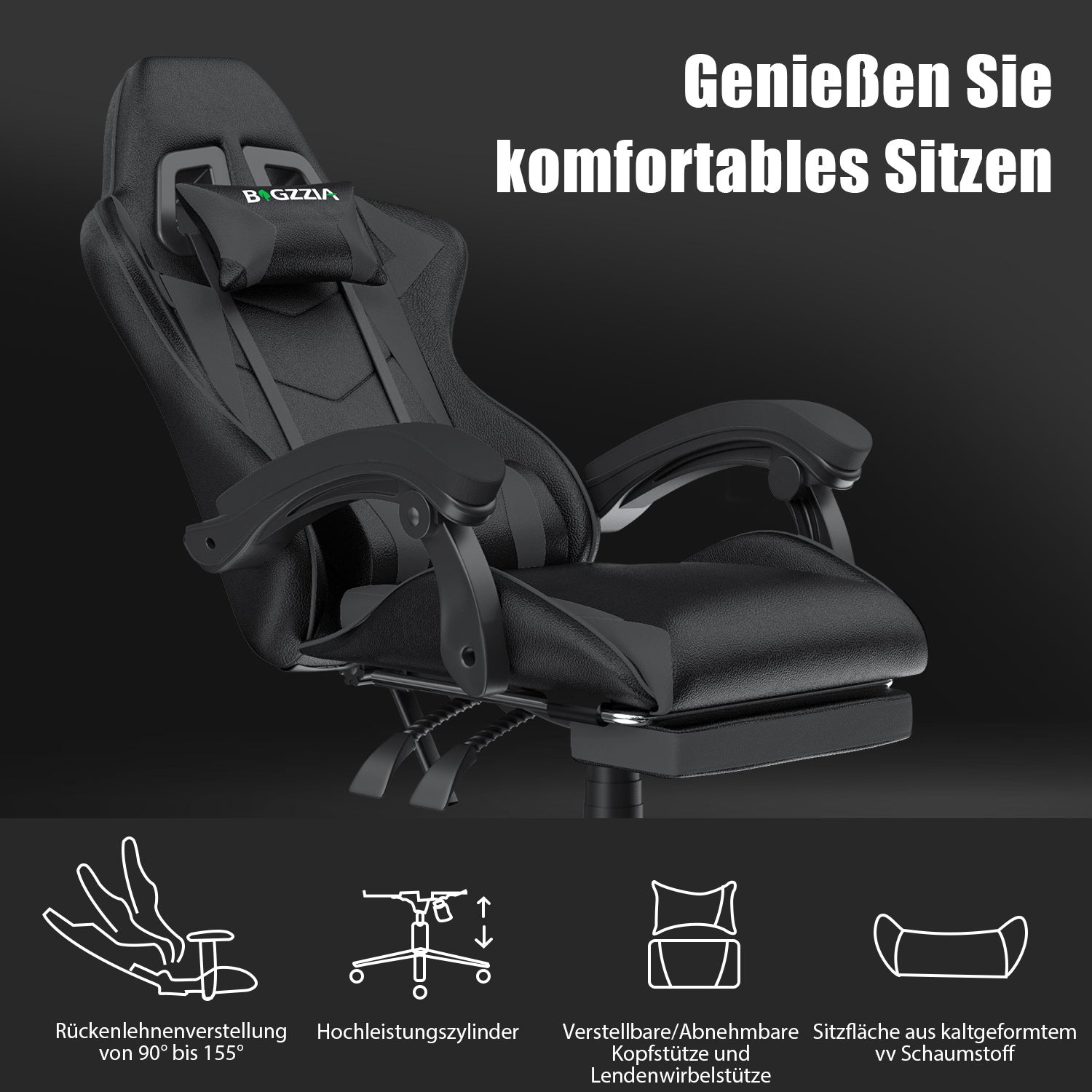 Ergonomischer Gaming Stuhl 155° Reclining Drehstuhl mit Kopfstütze, Lendenwirbelstütze PU Leder Bürostuhl