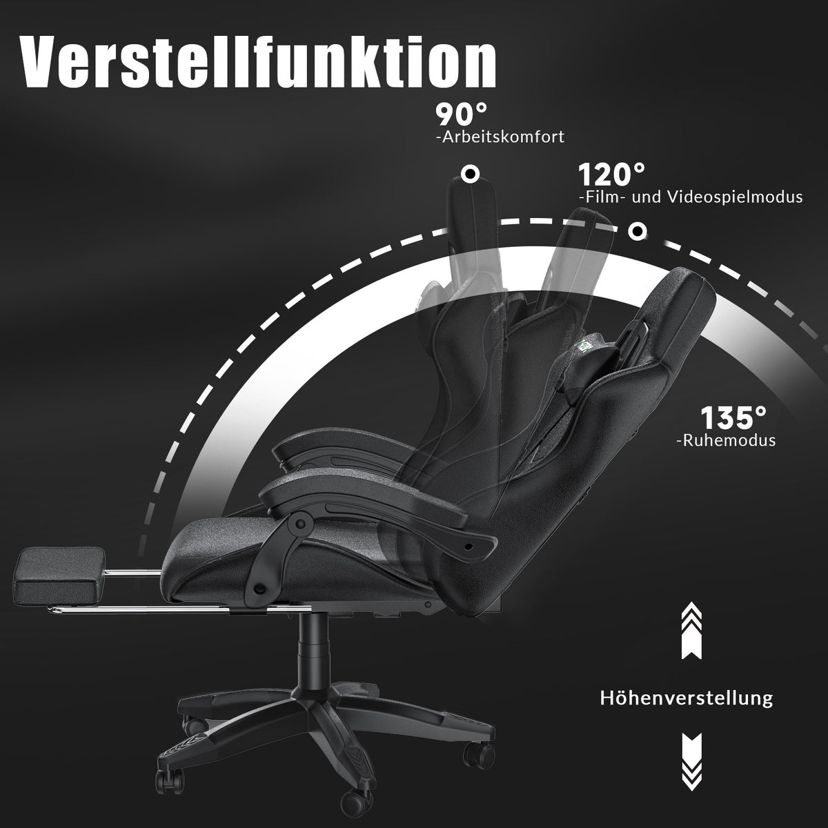 Ergonomischer Gaming-Stuhl, 135° Verstellbarer Drehstuhl mit Kopfstütze, Fußstütze und Lendenwirbelstütze, Bürostuhl aus PU-Leder