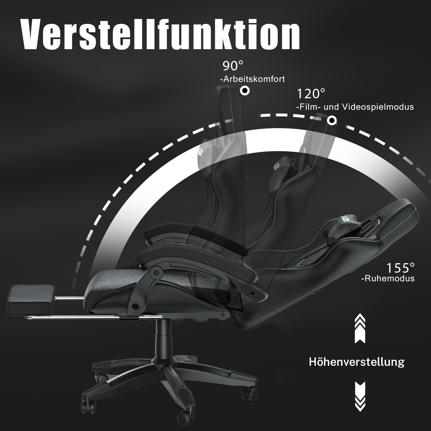 Ergonomischer Gaming Stuhl 155° Reclining Drehstuhl mit Kopfstütze, Lendenwirbelstütze PU Leder Bürostuhl