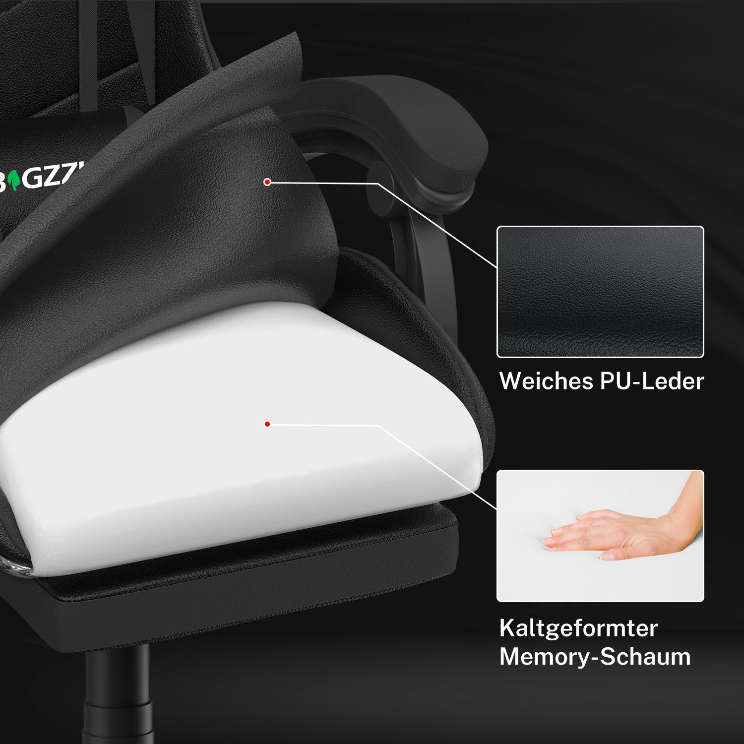 Ergonomischer Gaming Stuhl 155° Reclining Drehstuhl mit Kopfstütze, Lendenwirbelstütze PU Leder Bürostuhl