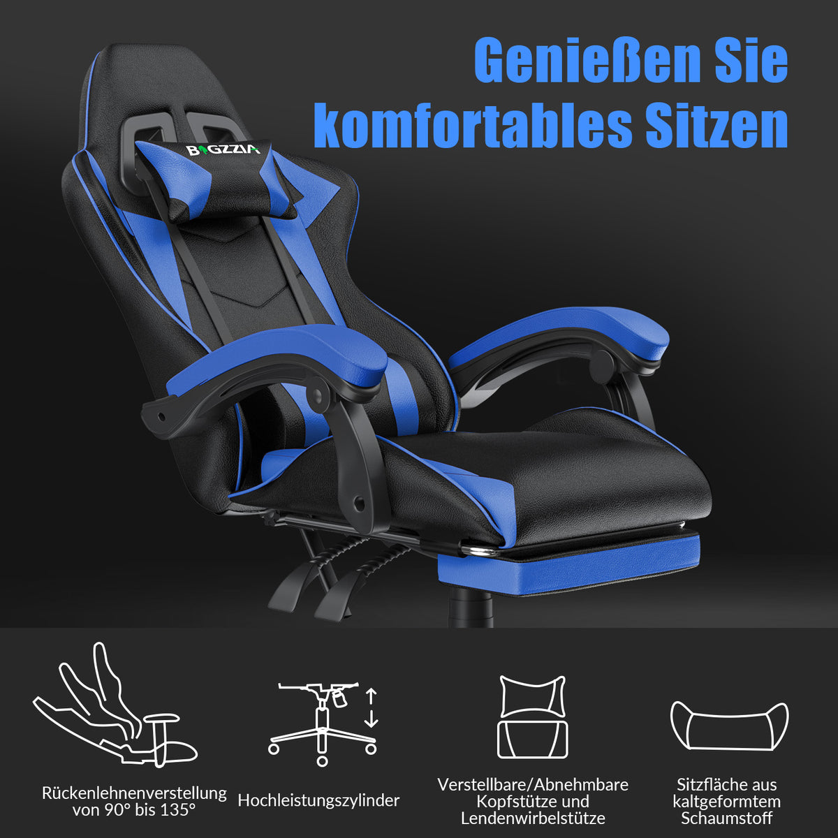 Ergonomischer Gaming-Stuhl, 135° Verstellbarer Drehstuhl mit Kopfstütze, Fußstütze und Lendenwirbelstütze, Bürostuhl aus PU-Leder