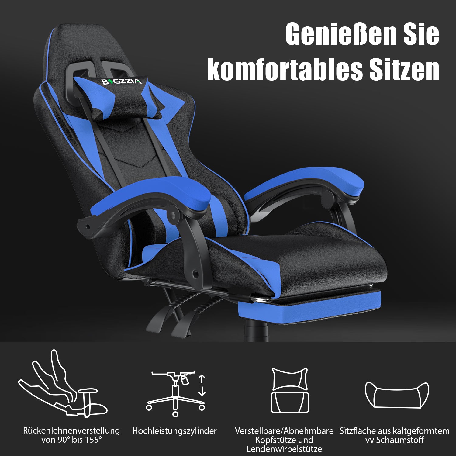 Ergonomischer Gaming Stuhl 155° Reclining Drehstuhl mit Kopfstütze, Lendenwirbelstütze PU Leder Bürostuhl