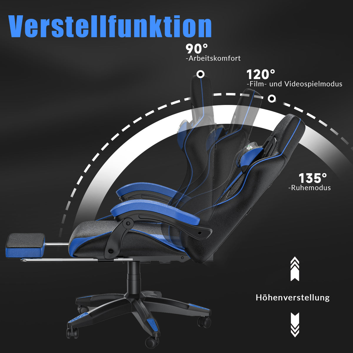 Ergonomischer Gaming-Stuhl, 135° Verstellbarer Drehstuhl mit Kopfstütze, Fußstütze und Lendenwirbelstütze, Bürostuhl aus PU-Leder