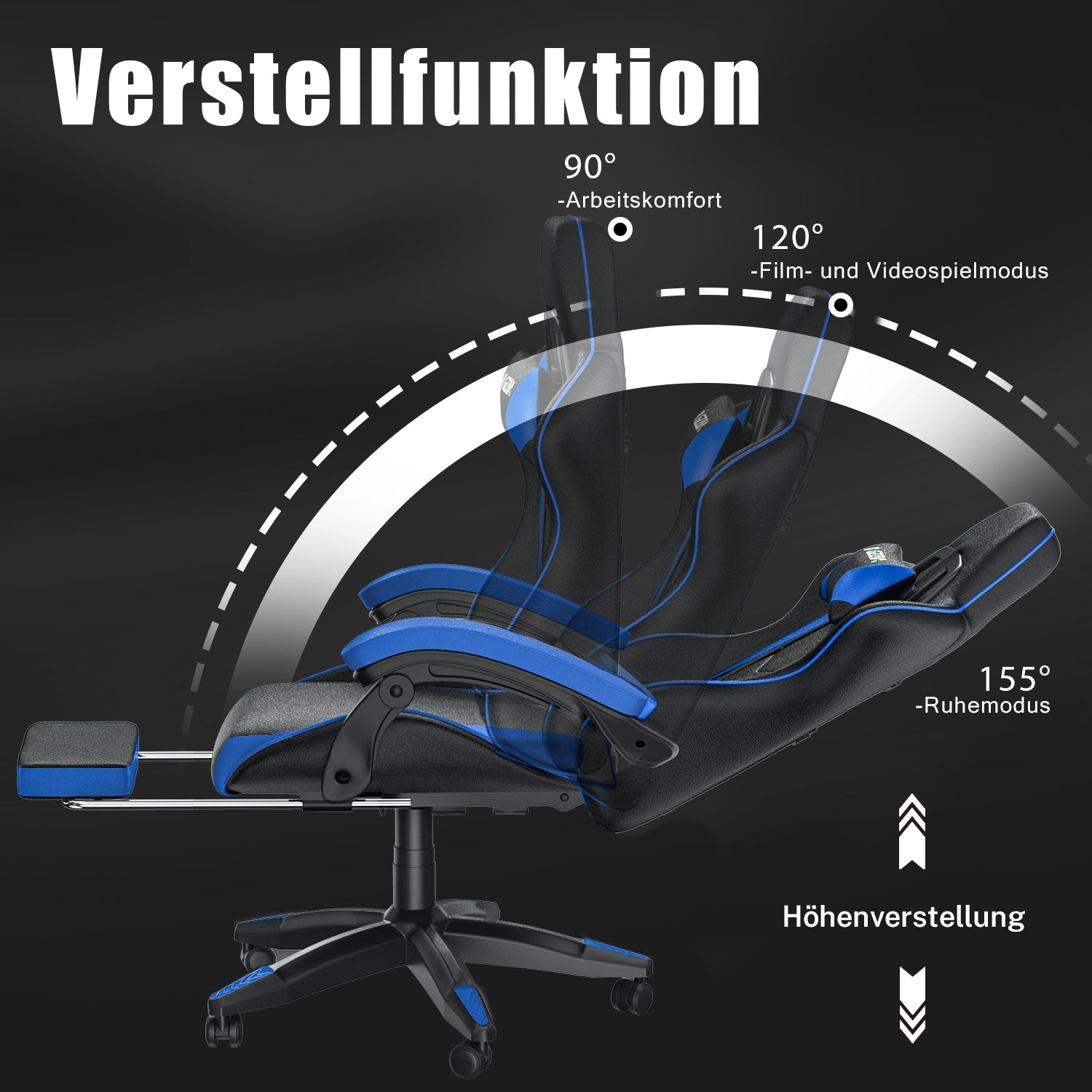 Ergonomischer Gaming Stuhl 155° Reclining Drehstuhl mit Kopfstütze, Lendenwirbelstütze PU Leder Bürostuhl