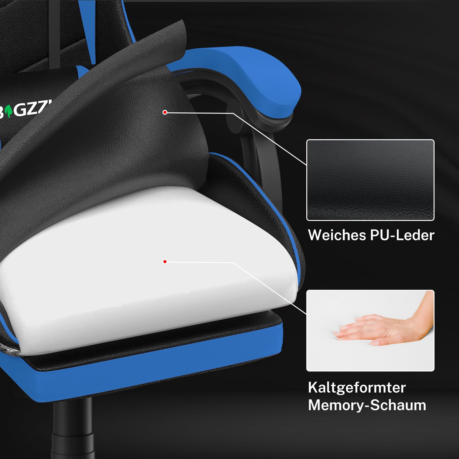 Ergonomischer Gaming Stuhl 155° Reclining Drehstuhl mit Kopfstütze, Lendenwirbelstütze PU Leder Bürostuhl