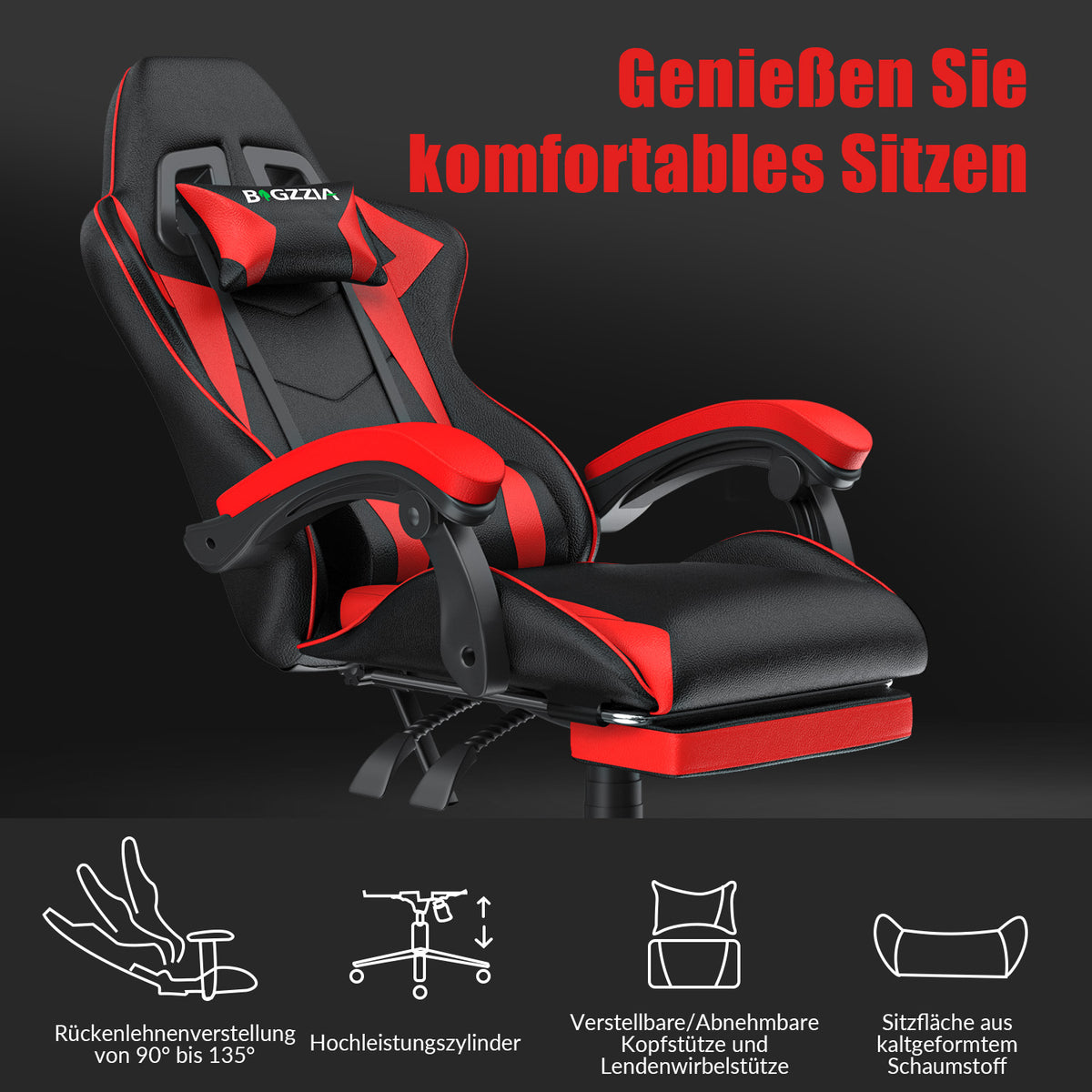 Ergonomischer Gaming-Stuhl, 135° Verstellbarer Drehstuhl mit Kopfstütze, Fußstütze und Lendenwirbelstütze, Bürostuhl aus PU-Leder