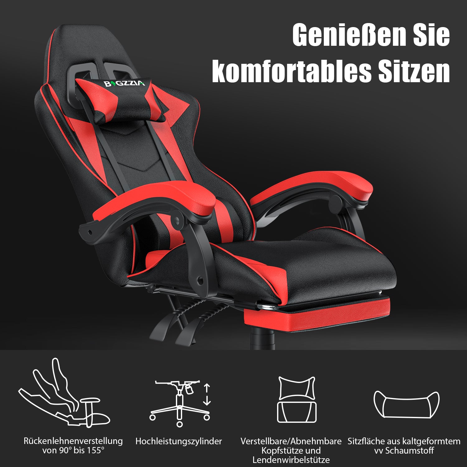 Ergonomischer Gaming Stuhl 155° Reclining Drehstuhl mit Kopfstütze, Lendenwirbelstütze PU Leder Bürostuhl