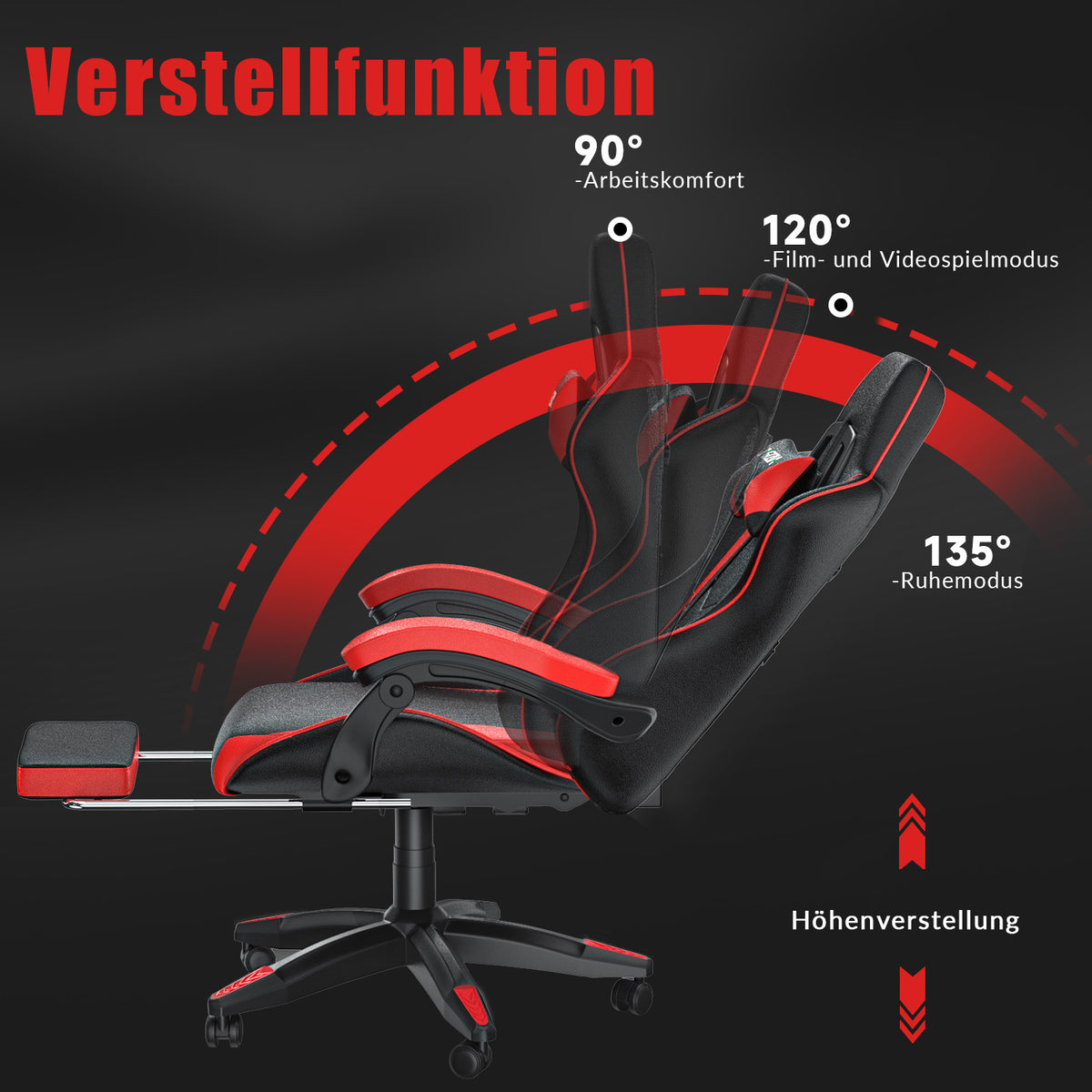 Ergonomischer Gaming-Stuhl, 135° Verstellbarer Drehstuhl mit Kopfstütze, Fußstütze und Lendenwirbelstütze, Bürostuhl aus PU-Leder
