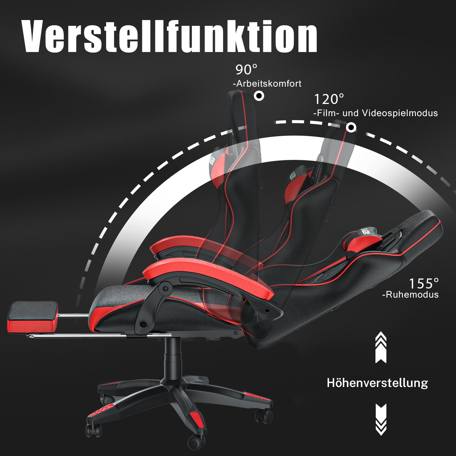 Ergonomischer Gaming Stuhl 155° Reclining Drehstuhl mit Kopfstütze, Lendenwirbelstütze PU Leder Bürostuhl