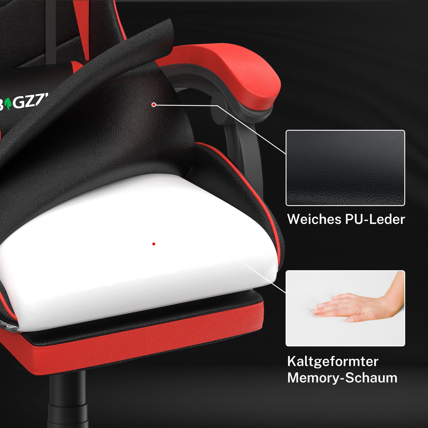 Ergonomischer Gaming Stuhl 155° Reclining Drehstuhl mit Kopfstütze, Lendenwirbelstütze PU Leder Bürostuhl