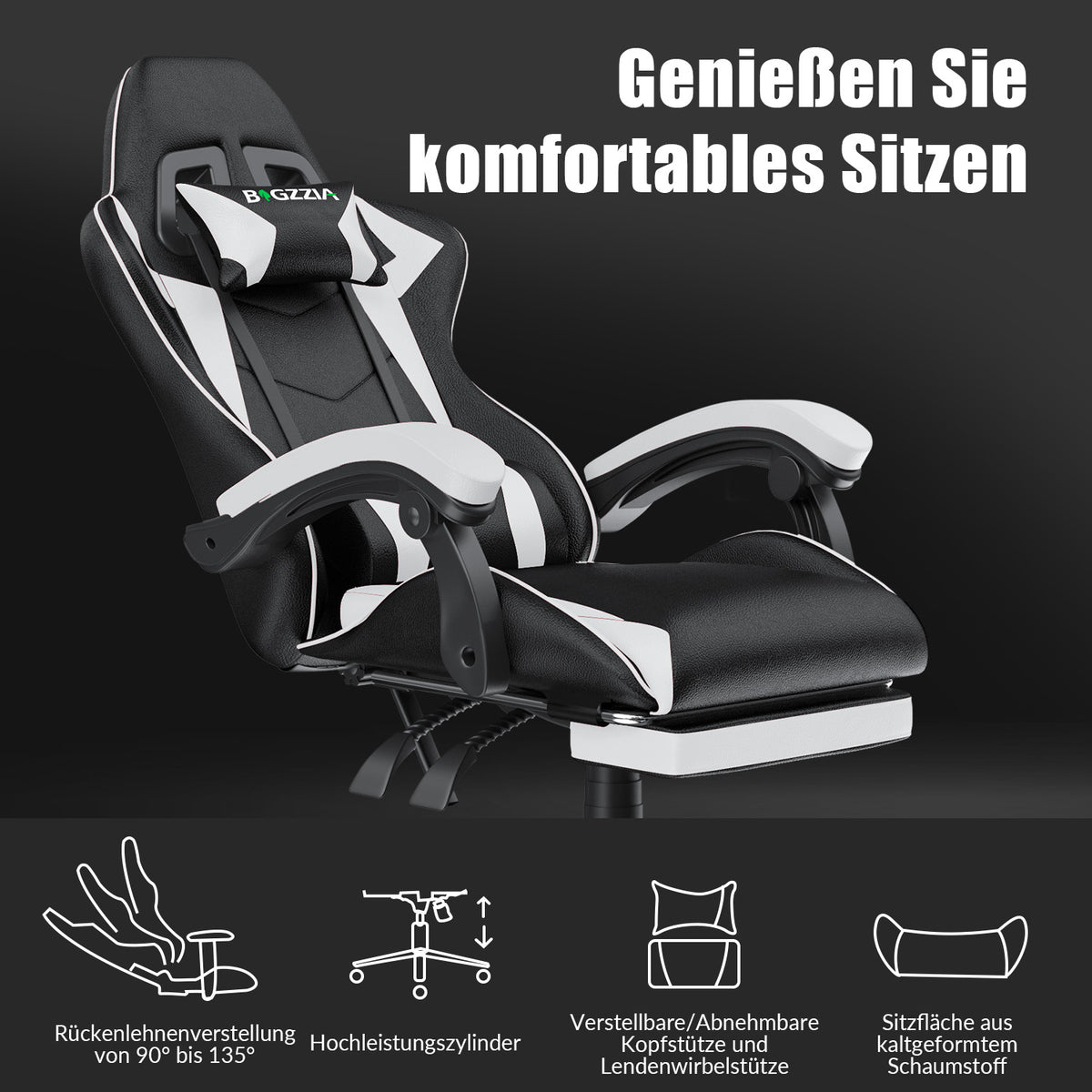 Ergonomischer Gaming-Stuhl, 135° Verstellbarer Drehstuhl mit Kopfstütze, Fußstütze und Lendenwirbelstütze, Bürostuhl aus PU-Leder