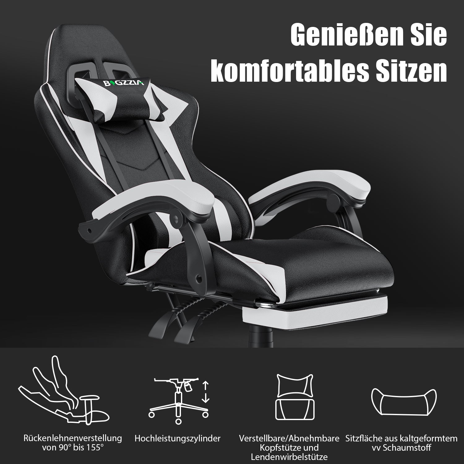 Ergonomischer Gaming Stuhl 155° Reclining Drehstuhl mit Kopfstütze, Lendenwirbelstütze PU Leder Bürostuhl