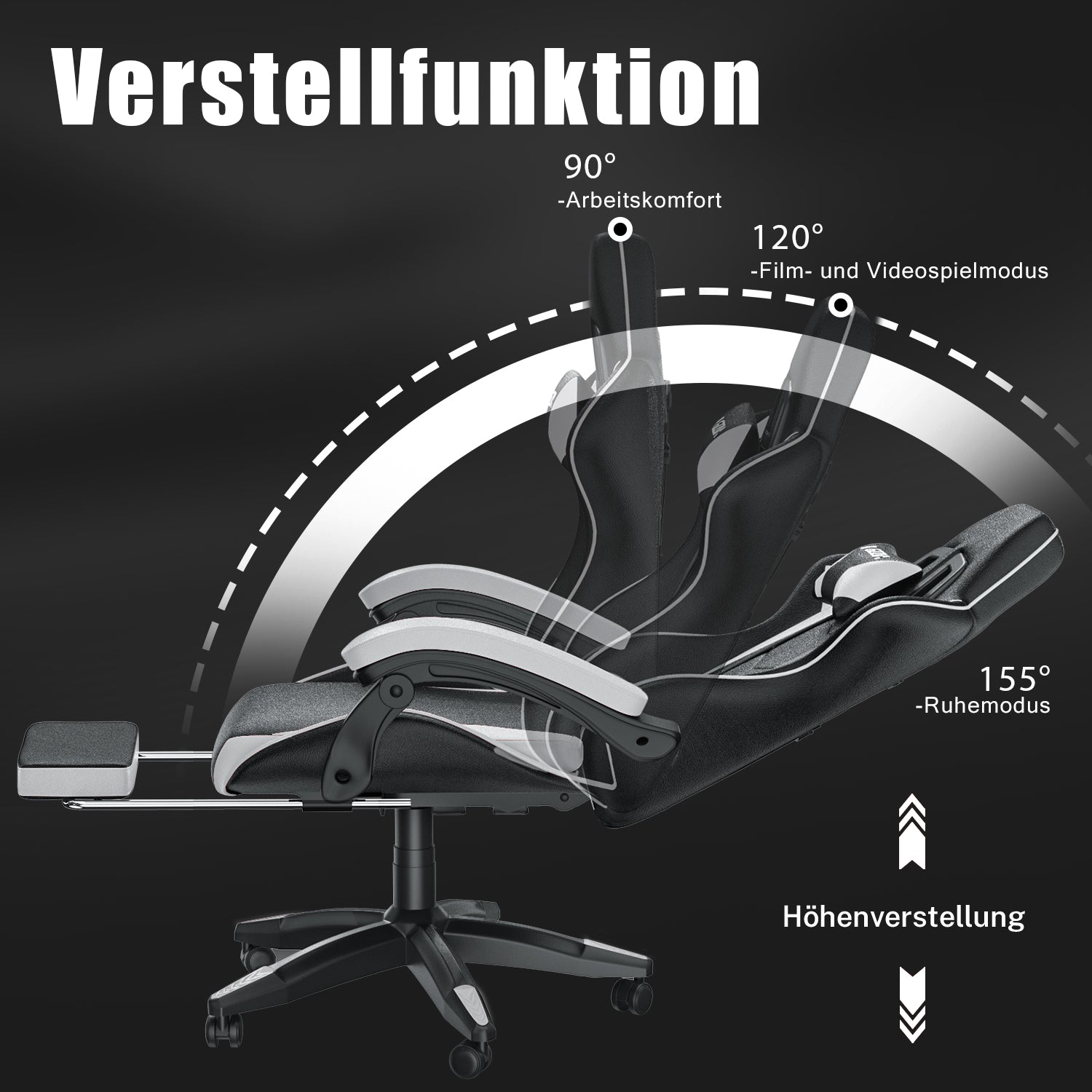 Ergonomischer Gaming Stuhl 155° Reclining Drehstuhl mit Kopfstütze, Lendenwirbelstütze PU Leder Bürostuhl