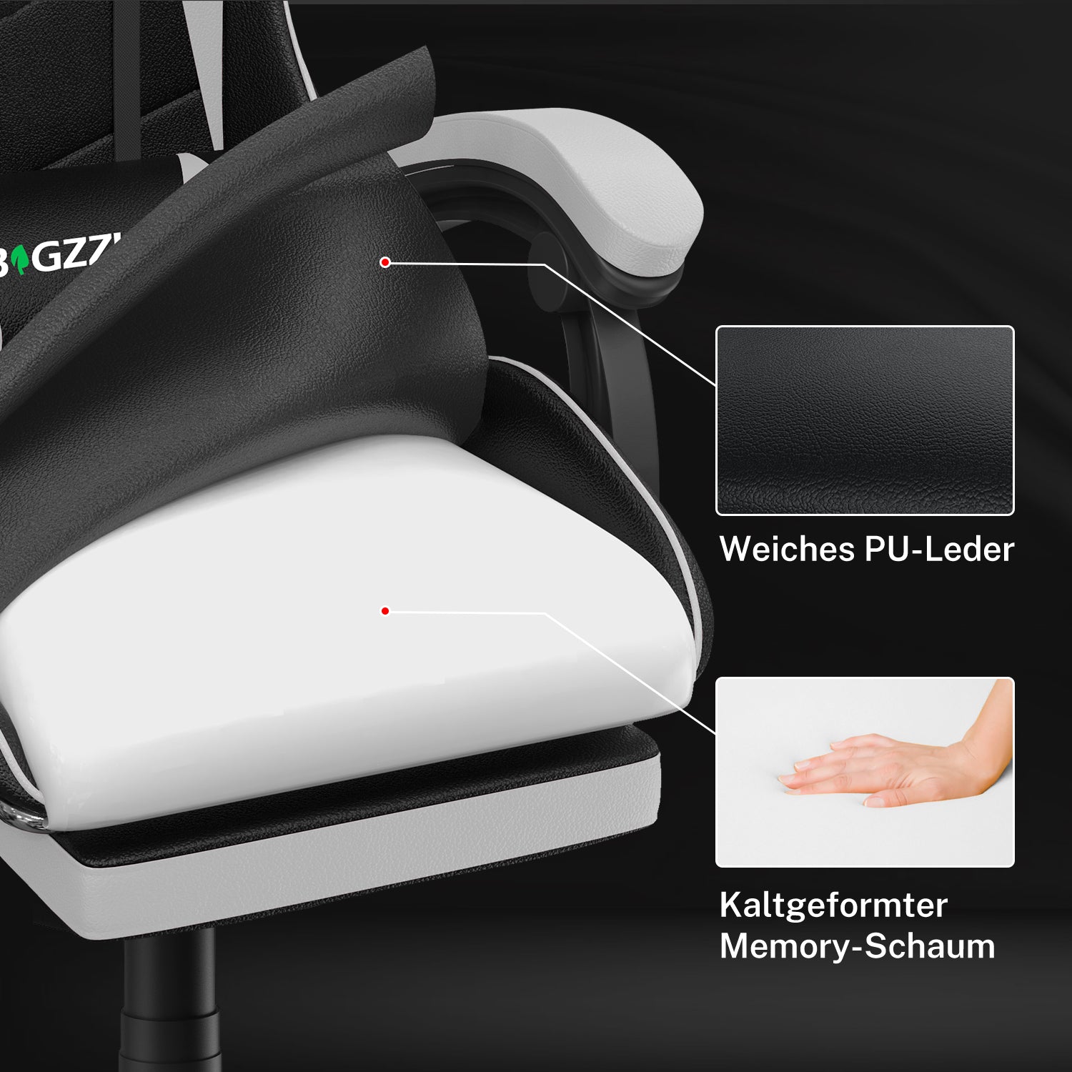 Ergonomischer Gaming Stuhl 155° Reclining Drehstuhl mit Kopfstütze, Lendenwirbelstütze PU Leder Bürostuhl