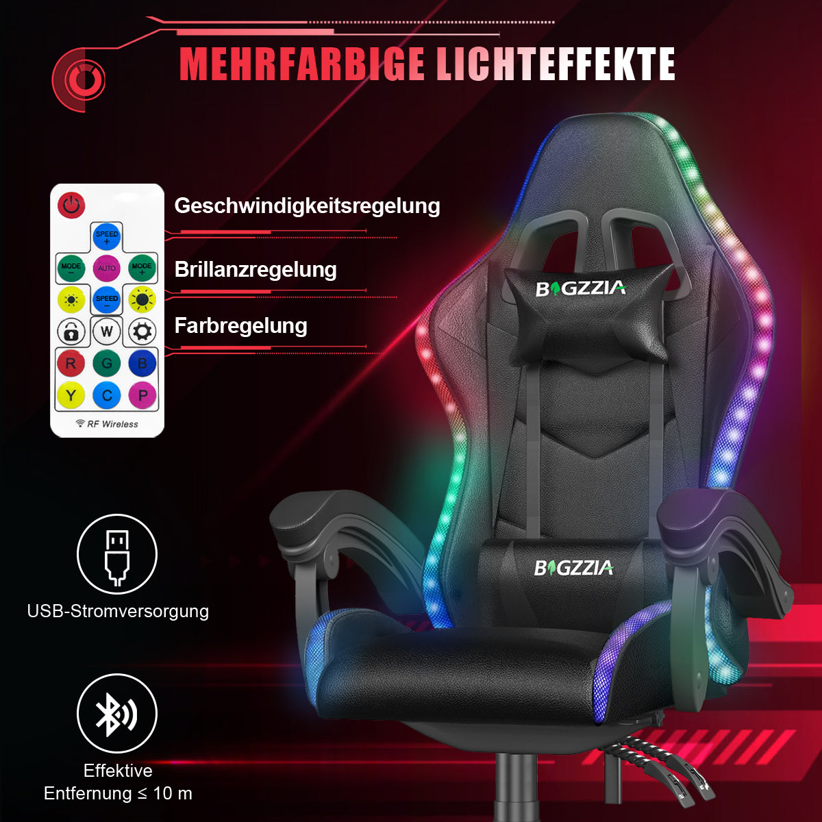 Ergonomisk Spillestol med RGB LED-lys, Tilbagelænet, Nakkestøtte og Lændestøtte Racing Stil