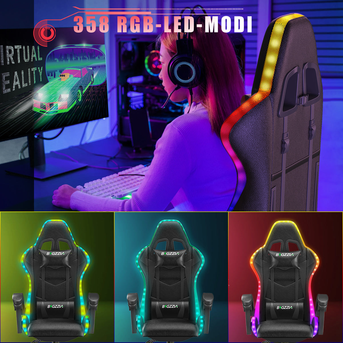 Ergonomisk Spillestol med RGB LED-lys, Tilbagelænet, Nakkestøtte og Lændestøtte Racing Stil