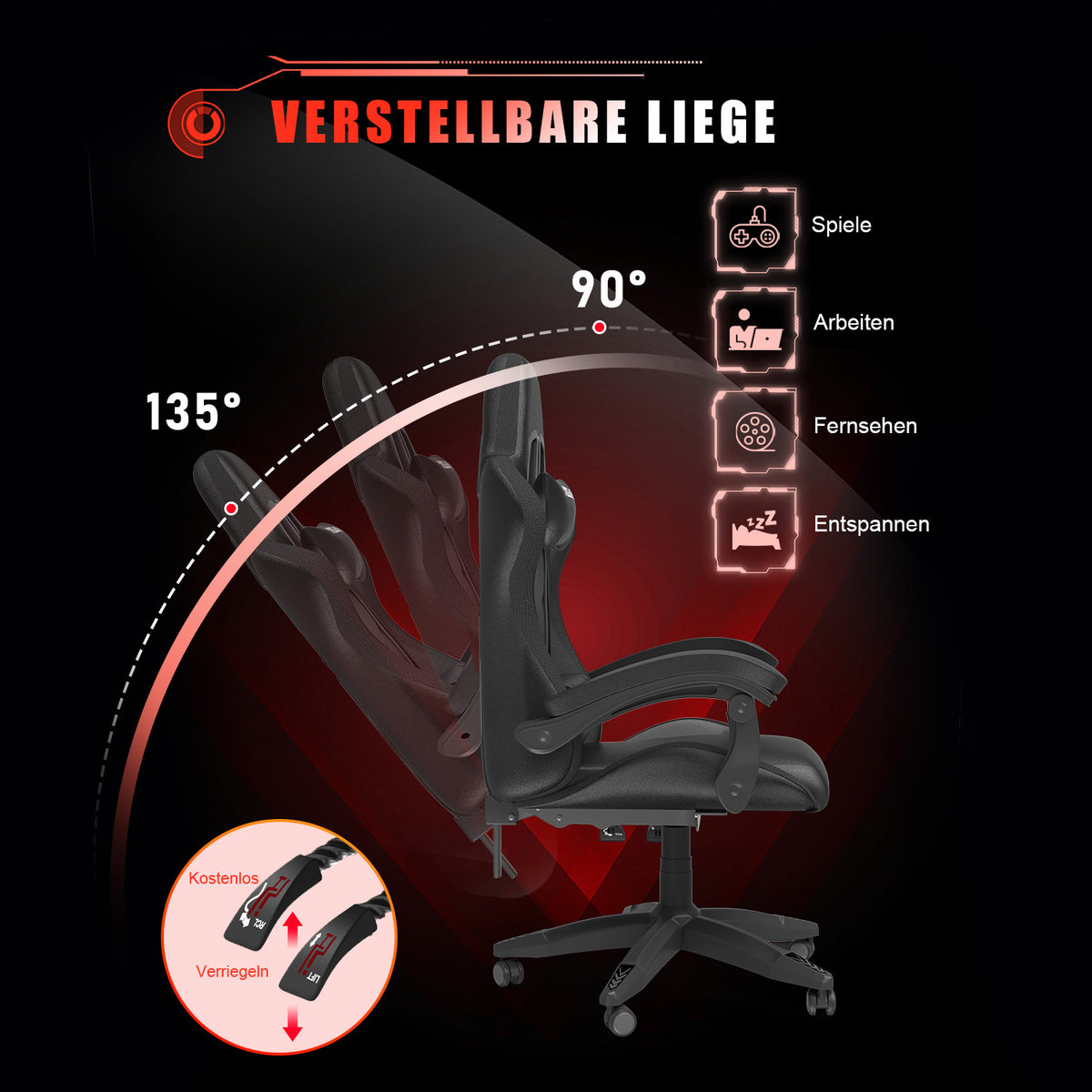 Ergonomisk Spillestol med RGB LED-lys, Tilbagelænet, Nakkestøtte og Lændestøtte Racing Stil