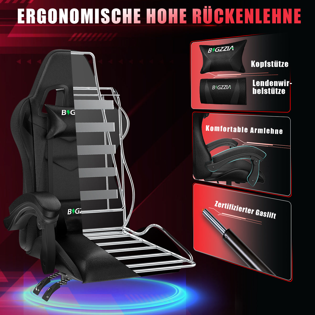 Ergonomisk Spillestol med RGB LED-lys, Tilbagelænet, Nakkestøtte og Lændestøtte Racing Stil