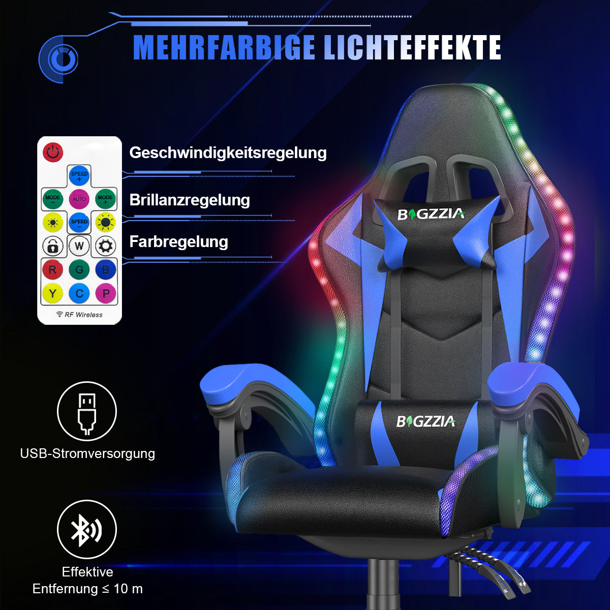 Ergonomisk Spillestol med RGB LED-lys, Tilbagelænet, Nakkestøtte og Lændestøtte Racing Stil