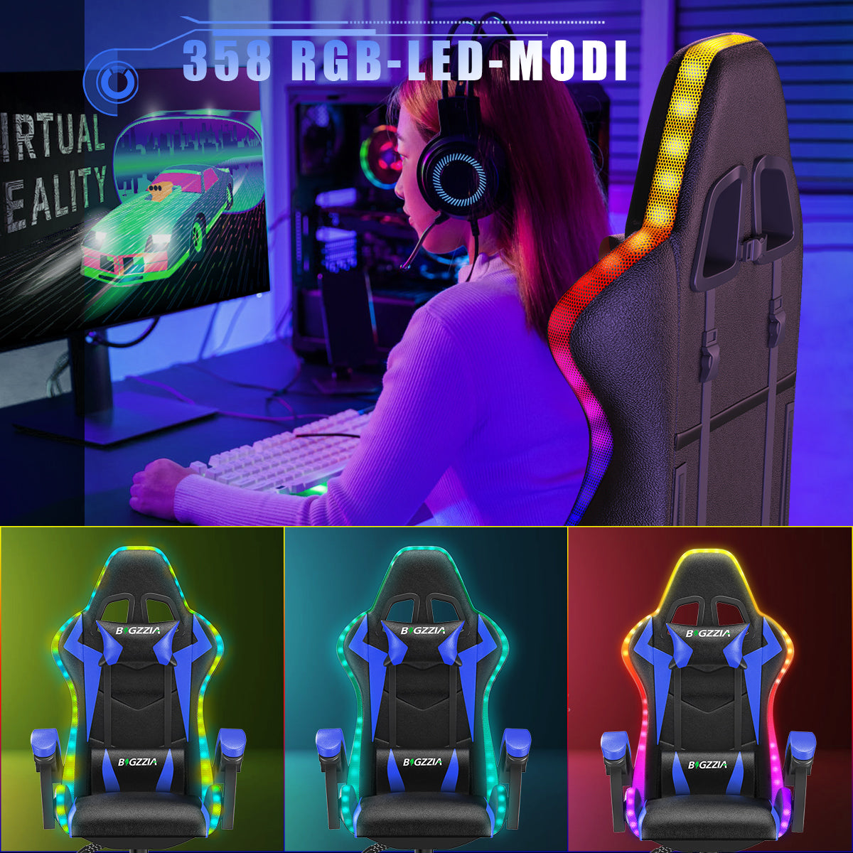 Ergonomisk Spillestol med RGB LED-lys, Tilbagelænet, Nakkestøtte og Lændestøtte Racing Stil