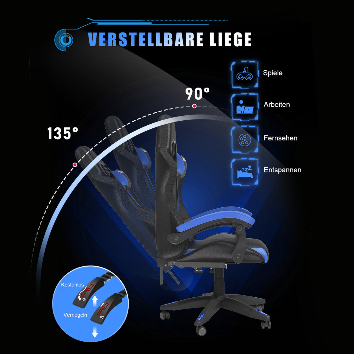 Ergonomisk Spillestol med RGB LED-lys, Tilbagelænet, Nakkestøtte og Lændestøtte Racing Stil