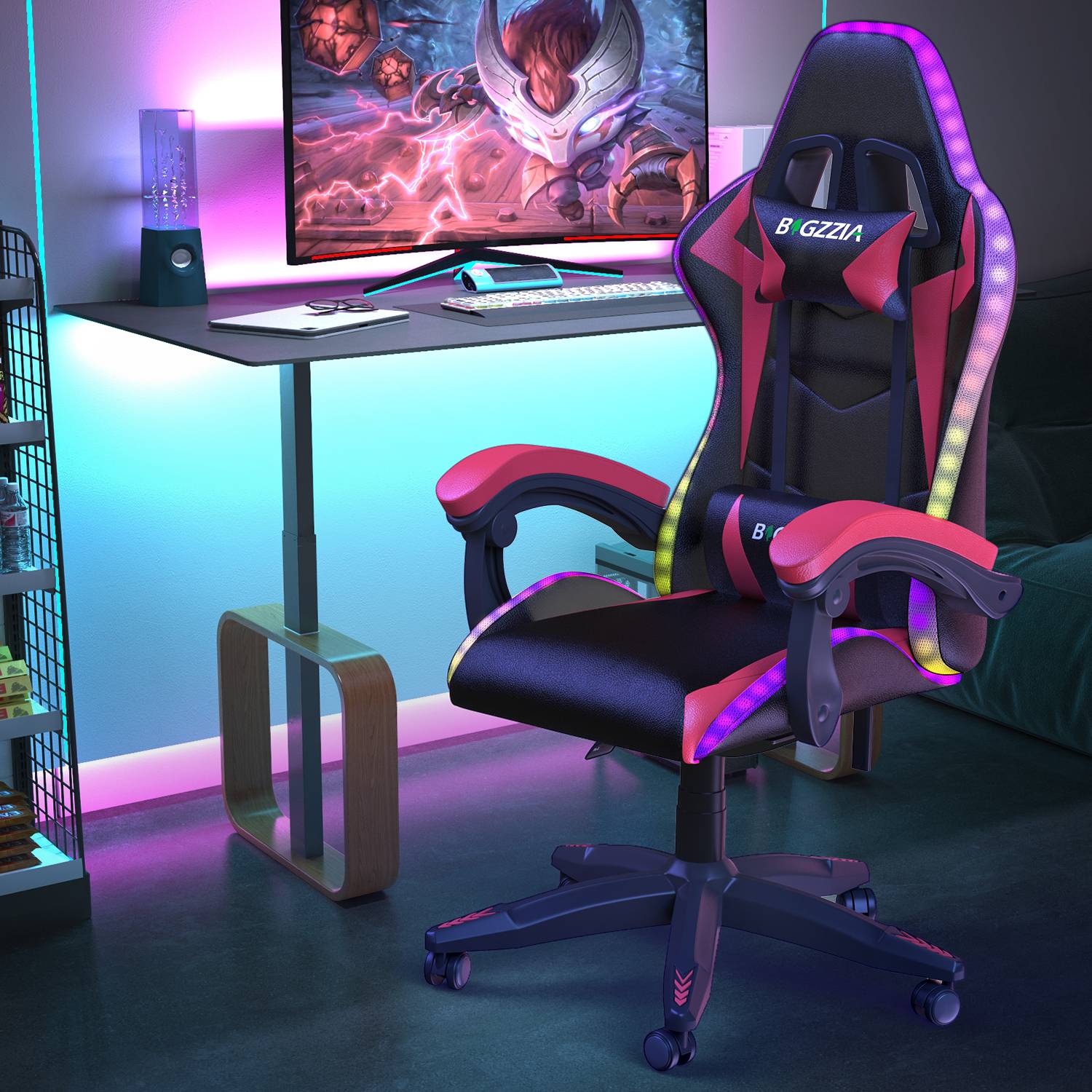 Ergonomisk Spillestol med RGB LED-lys, Tilbagelænet, Nakkestøtte og Lændestøtte Racing Stil