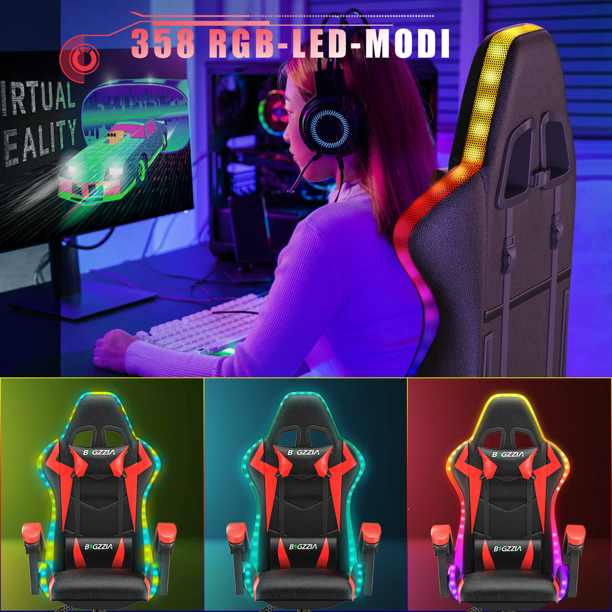 Ergonomisk Spillestol med RGB LED-lys, Tilbagelænet, Nakkestøtte og Lændestøtte Racing Stil