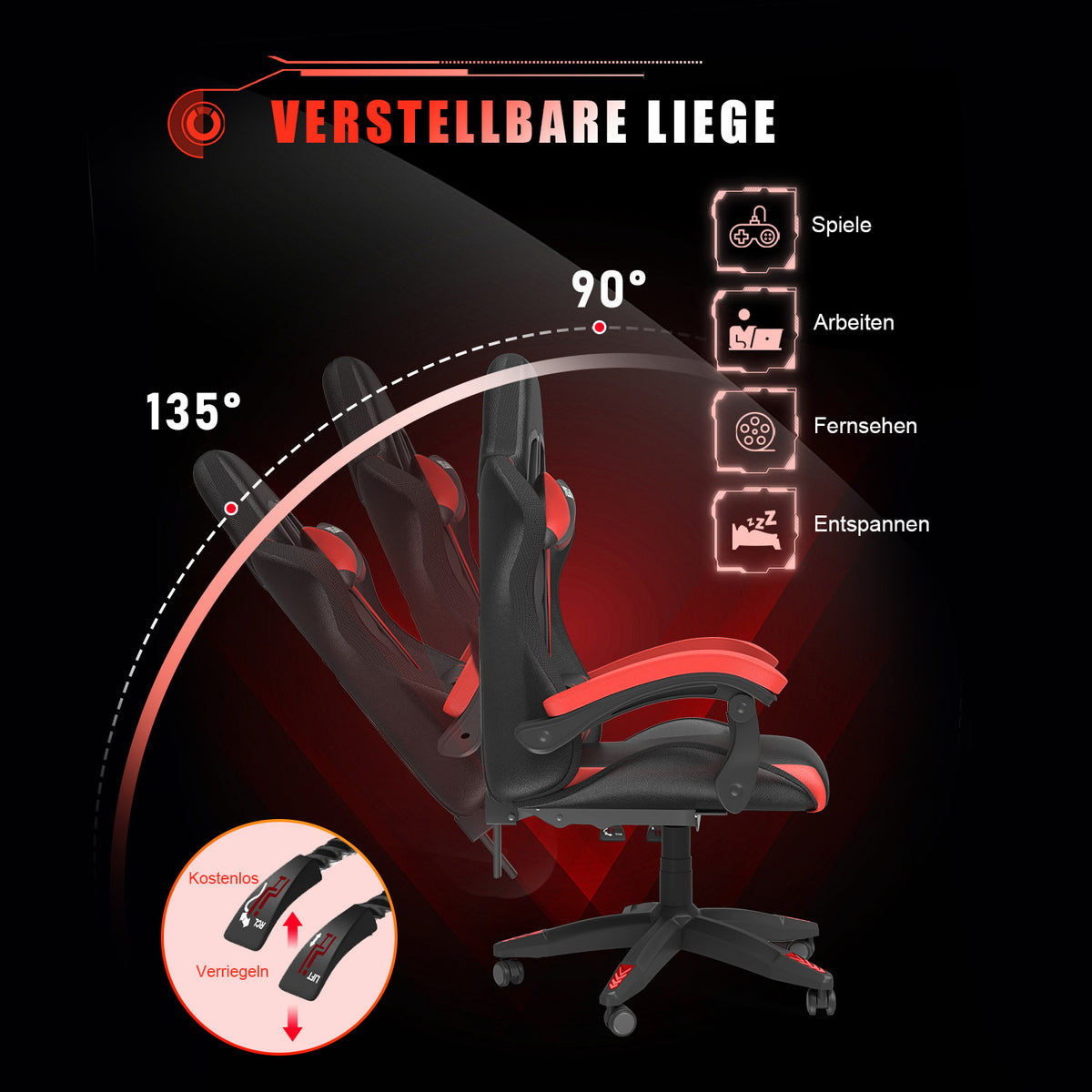 Ergonomisk Spillestol med RGB LED-lys, Tilbagelænet, Nakkestøtte og Lændestøtte Racing Stil